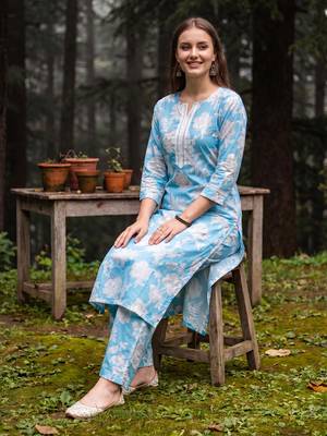 Blue printed cotton kurta trouser set 1