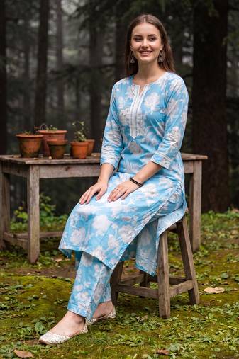 Blue printed cotton kurta trouser set