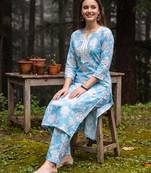 Blue printed cotton kurta trouser set