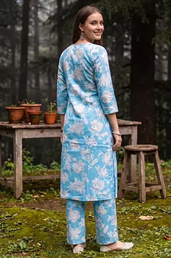 Blue printed cotton kurta trouser set