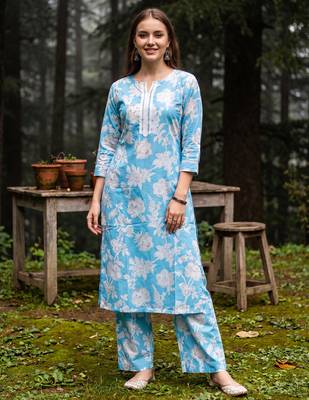 Blue printed cotton kurta trouser set 3