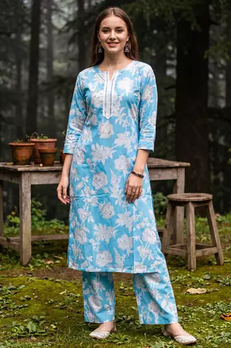Blue printed cotton kurta trouser set