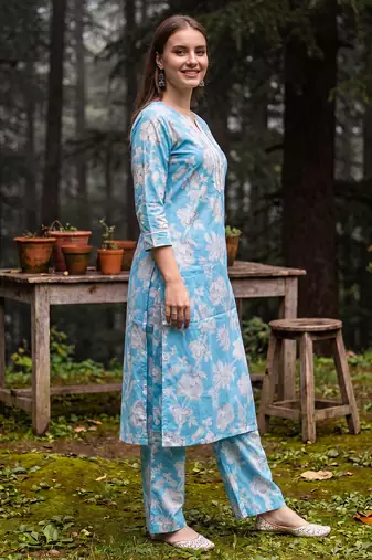 Blue printed cotton kurta trouser set