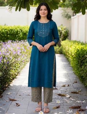 Blue embroidered cotton kurta trouser set 1