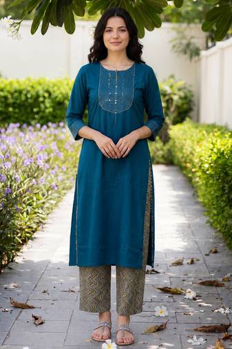 Blue embroidered cotton kurta trouser set