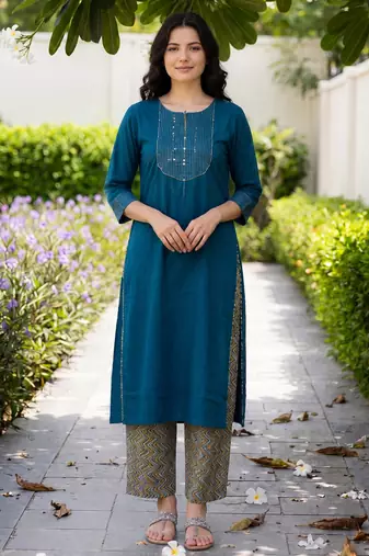 Blue embroidered cotton kurta trouser set