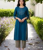 Blue embroidered cotton kurta trouser set