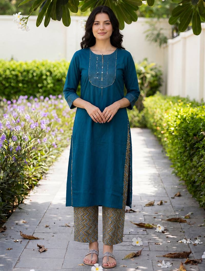 Blue embroidered cotton kurta trouser set