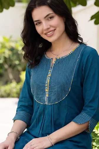 Blue embroidered cotton kurta trouser set