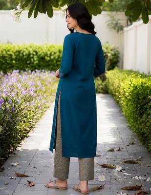 Blue embroidered cotton kurta trouser set 3