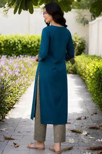 Blue embroidered cotton kurta trouser set