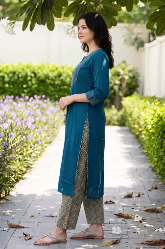 Blue embroidered cotton kurta trouser set