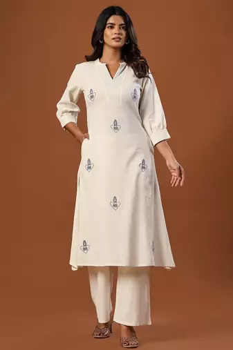 Off white printed cotton kurta trouser set