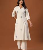 Off white printed cotton kurta trouser set