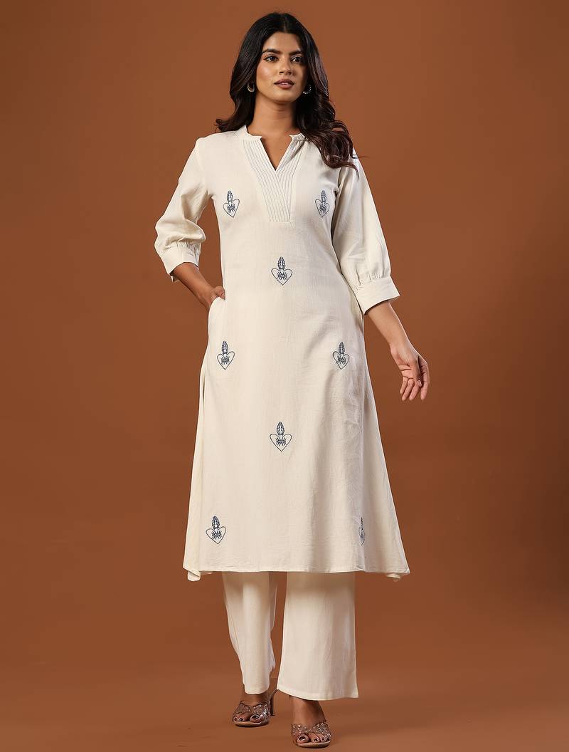 Off white printed cotton kurta trouser set