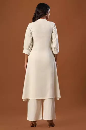 Off white printed cotton kurta trouser set
