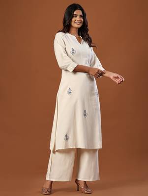 Off white printed cotton kurta trouser set 3