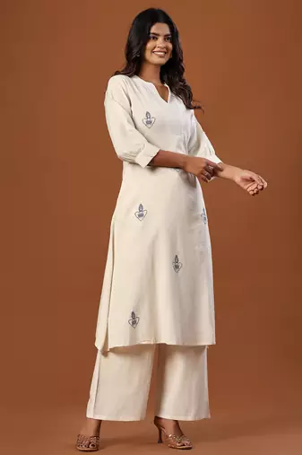 Off white printed cotton kurta trouser set