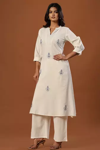 Off white printed cotton kurta trouser set
