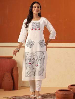 Off white embroidered cotton kurta trouser set 1