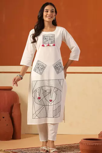 Off white embroidered cotton kurta trouser set