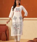 Off white embroidered cotton kurta trouser set