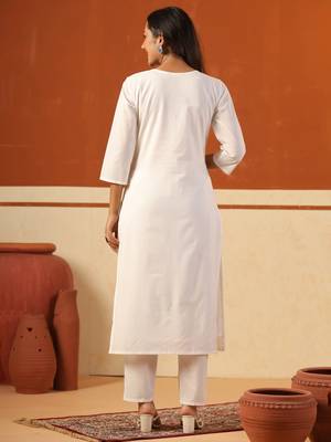 Off white embroidered cotton kurta trouser set 3