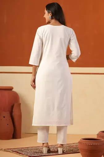 Off white embroidered cotton kurta trouser set