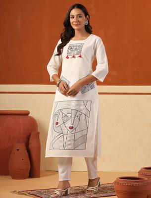 Off white embroidered cotton kurta trouser set 4