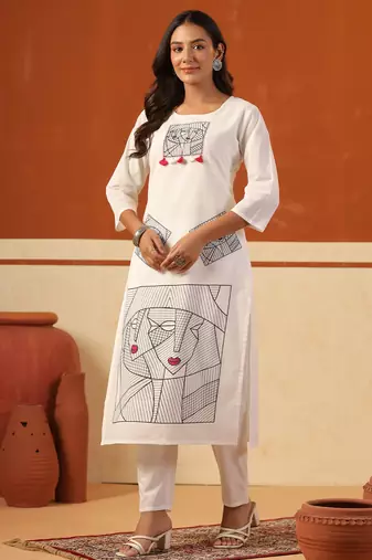 Off white embroidered cotton kurta trouser set
