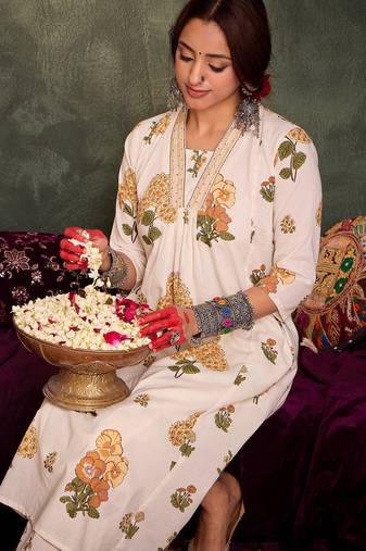 White printed cotton kurta trouser set