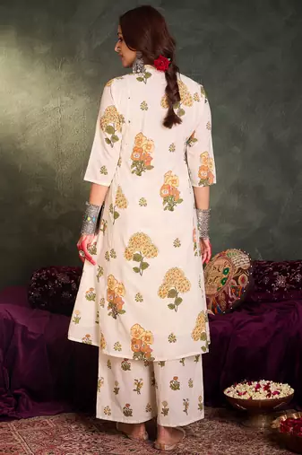 White printed cotton kurta trouser set