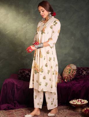 White printed cotton kurta trouser set 3