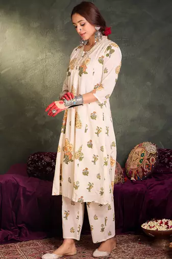 White printed cotton kurta trouser set