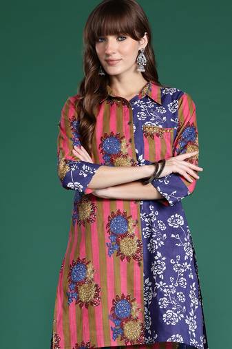 Multicolor printed cotton kurta trouser set