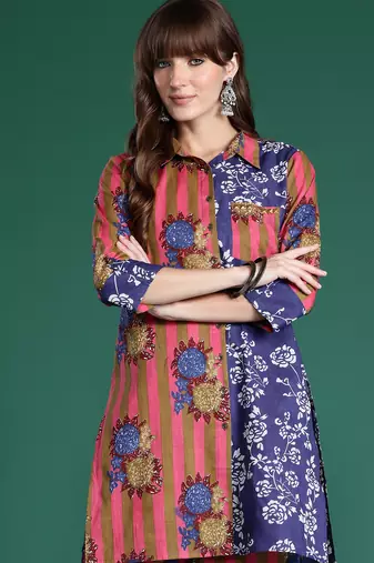 Multicolor printed cotton kurta trouser set