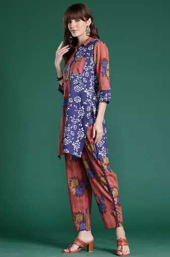 Multicolor printed cotton kurta trouser set