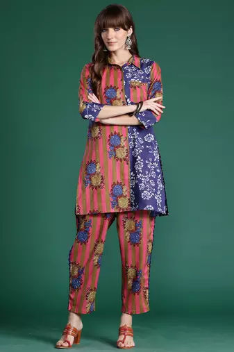 Multicolor printed cotton kurta trouser set
