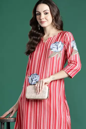 Red printed cotton kurta trouser set