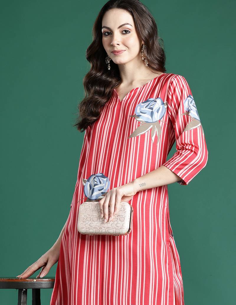 Red printed cotton kurta trouser set