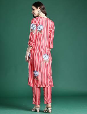 Red printed cotton kurta trouser set 2