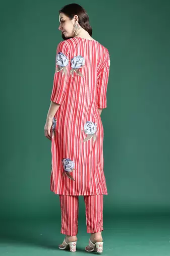 Red printed cotton kurta trouser set
