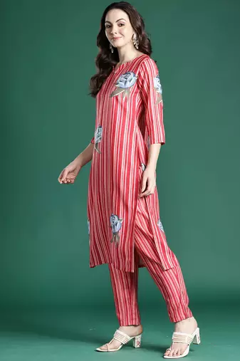 Red printed cotton kurta trouser set