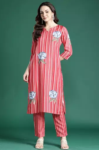 Red printed cotton kurta trouser set