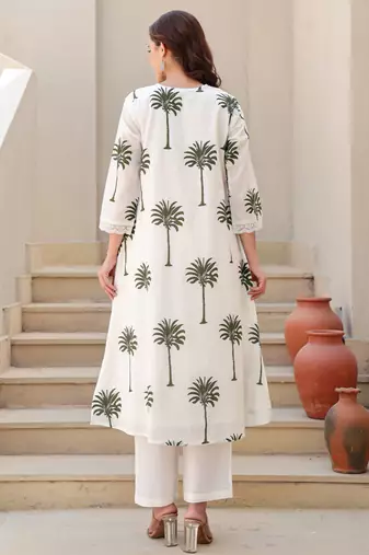 White printed cotton kurta trouser set