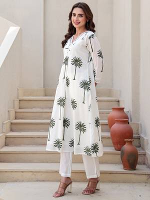 White printed cotton kurta trouser set 1