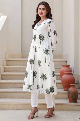 White printed cotton kurta trouser set