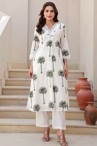 White printed cotton kurta trouser set
