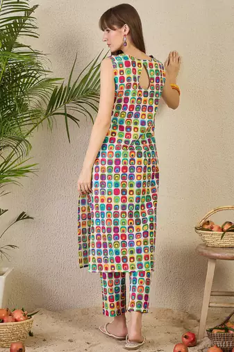 Multicolor printed cotton kurta trouser set