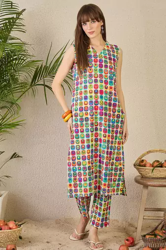 Multicolor printed cotton kurta trouser set